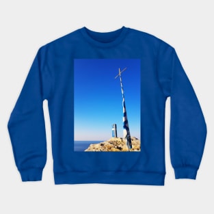 Greek flag waving on a blue and white pole with a cross Crewneck Sweatshirt